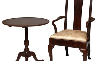 Queen Anne Mahogany Armchair and Queen Anne Mahogany Tea Table, late 18th c., the armchair with