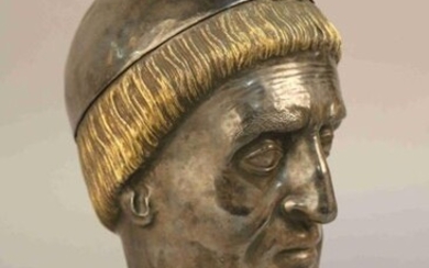 RELIQUARY HEAD in silvery metal representing the head of Saint Etienne de Muret. Hair in gilded metal. Replica of the bust of the founder of the Order of Grandmont, kept in the church of Saint-Sylvestre in Limousin. Height : 27 cm