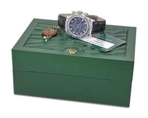 ROLEX. AN EXTREMLY RARE AND HIGHLY ATTRACTIVE 18K WHITE GOLD AND SAPPHIRE-SET AUTOMATIC CHRONOGRAPH WRISTWATCH WITH DIAMOND-SET SODALITE DIAL, SERVICE GUARANTEE AND BOX, SIGNED ROLEX, OYSTER PERPETUAL, CHRONOGRAPH, DAYTONA, REF. 116589SACI, CASE NO....