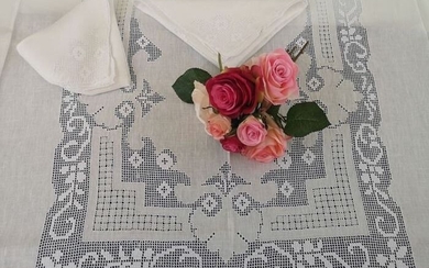 Rich x12 tablecloth in pure linen with handmade Sicilian embroidery - Linen - AFTER 2000