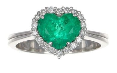 Ring White gold, Heart cut Colombian emerald Diamond (Natural) - Emerald