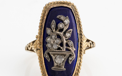 Ring, gold, blue enamel and flower urn with rose-cut diamonds