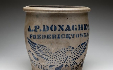 SCARCE A.P. DONAGHHO (FREDERICKTOWN, PA) EXCELSIOR POTTERY DECORATED STONEWARE CREAM POT WITH EAGLE.