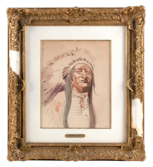 SCHOOL OF GEORGE CATLIN, American, 19th Century, Portrait of a Native American Chief., Watercolor on paper, 13" x 10" sight. Framed...