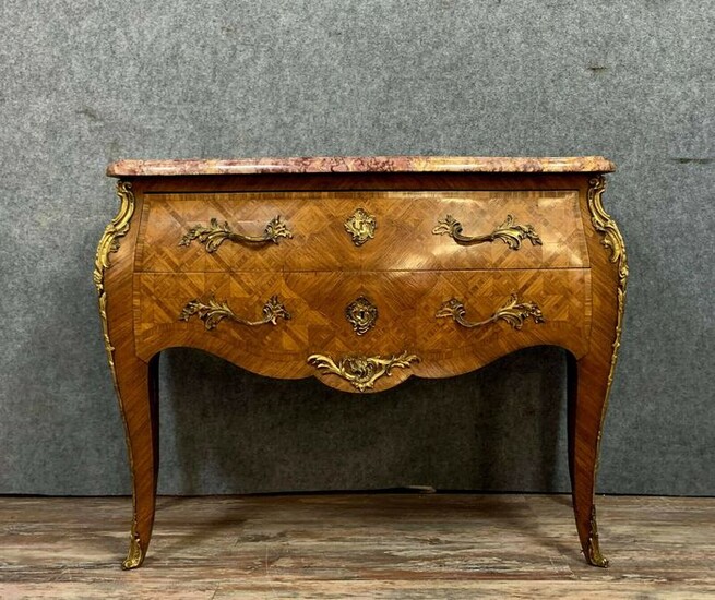 Sauteuse chest of drawers - stamped JP Delaporte - Louis XV Style - Bronze (gilt), Kingwood, Marble, Marquetry - Around 1880