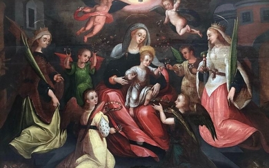 Scuola fiamminga del XVI-XVII secolo - Epifania di angeli con sante Caterina e Barbara