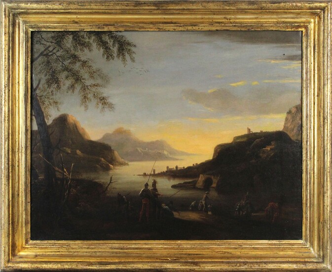 Scuola italiana del XVIII secolo, Paesaggio costiero con soldati, olio su tela, cm 48x62, cornice in stile in legno dorato