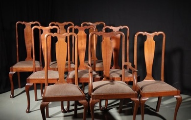 Set of 9 traditional Queen Anne mahogany dining chairs including one captain's. 41 1/2"H x 20"W x