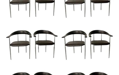 Set of Twelve Black & Chrome Italian Dining, Arm, Side Chairs, 1970s