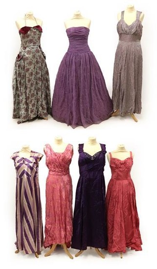 Seven Circa 1950's Full Length Evening Dresses, comprising a grey...