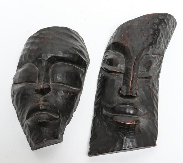 Signed African Carved Wood Mask Sculptures, 2