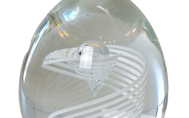 Signed Steuben George Thompson Design White Swirl Heavy Glass Bubble Egg Paperweight