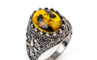 Silver amber ring with inclusion , silver tested, baltic amber...