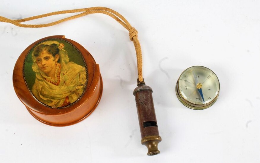 Small brass cased compass, with silvered dial, together with a Boy Scout whistle and a Victorian