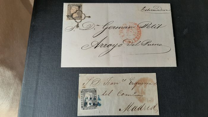 Spain 1850 - Isabella II, imperforated. Interesting set on complete letter and on fragment - Edifil 1A