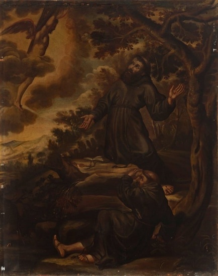 Spanish school, 17th century. "Saint Francis receiving the stigmata". Oil on canvas (original). It