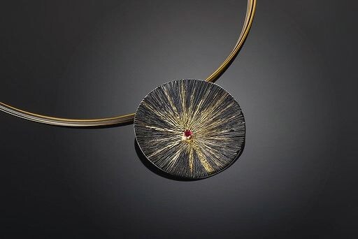 Stella Deligianni Pendand oxidized silver 925,yellow gold 18K,ruby. Choker: Steel wire -gold plated steel wire - 925 - Necklace with pendant - 0.11 ct Ruby