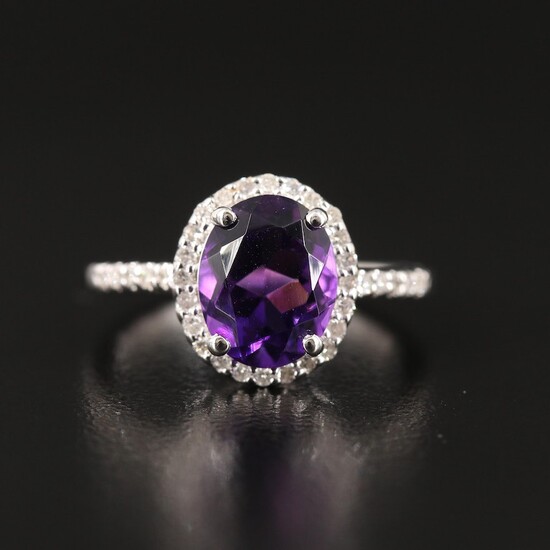 Sterling Amethyst Ring with Diamond Halo