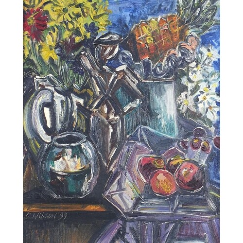 Still life flowers and fruit, oil on board, indistinctly sig...