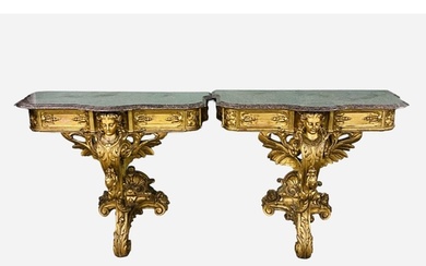 Stunning Pair of Gilt Highly Carved Marble Top Console Table...
