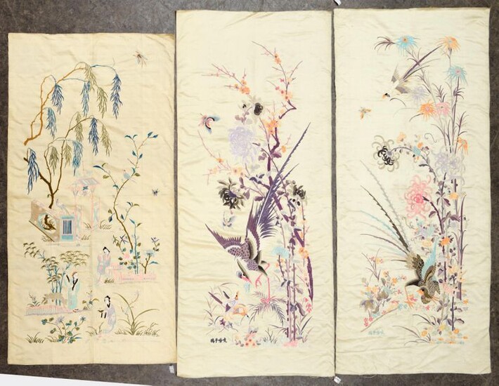 Suite of three embroidered folding screen leaves, China, circa 1900