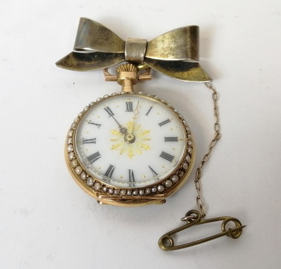 Swiss enamelled gold lever watch, keyless, with coloured gol...