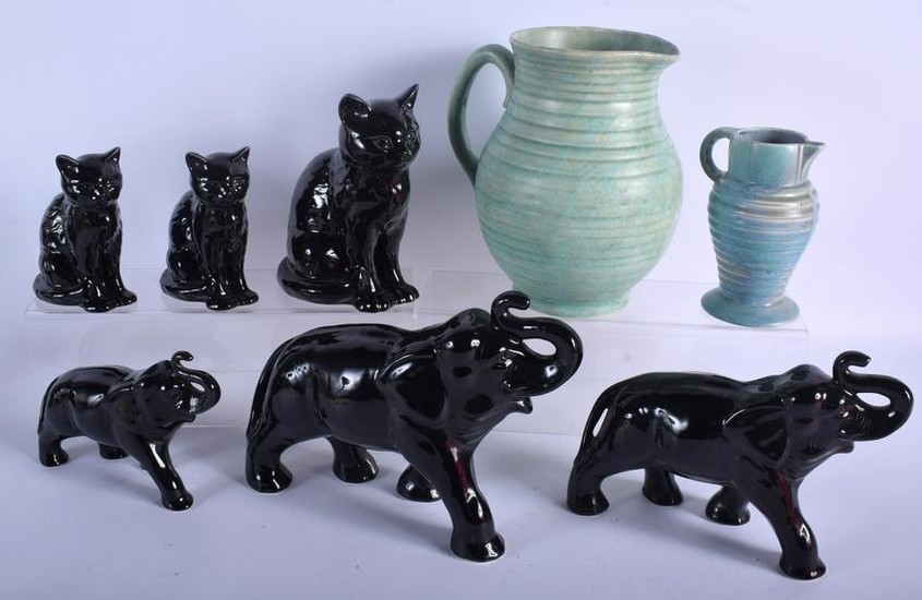 THREE SYLVAC POTTERY CAT FIGURINES, together with two