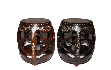TWO SIMILAR CHINESE HONGMU AND MOTHER OF PEARL INLAID DRUM-SHAPED STOOLS