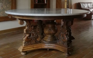 Table, Pedestal decorated with dragons - Empire Style - Marble, Walnut, Wood - Circa 1900