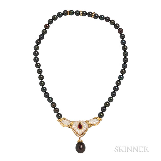 Tahitian Pearl, Carved Mother-of-pearl, Rubellite, and Diamond Necklace