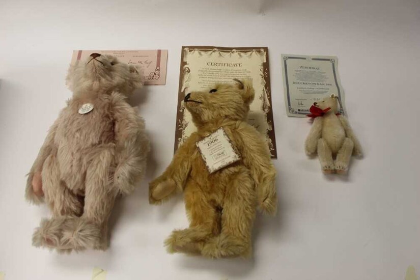 Three Steiff teddy bears - Teddy Rose, Snap - a- part- Teddy Bear 1908 and British Collector's 1906 Teddy Bear, all boxed (3)
