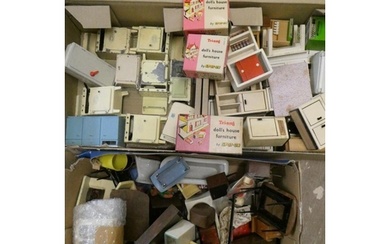Three boxes of mainly vintage dolls house furniture and acce...