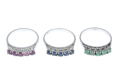 Three gem-set five-stone rings, set with sapphire, ruby and emerald.