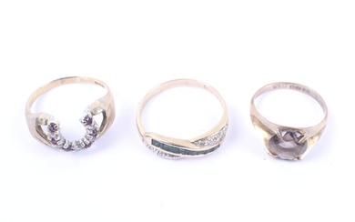 Three vintage 9ct gold and gem set dress including a round smokey quartz single stone ring.