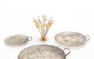Toledo Sword-Form Hors d'Oeuvres Skewers with Silver Plate Filigree Nappies