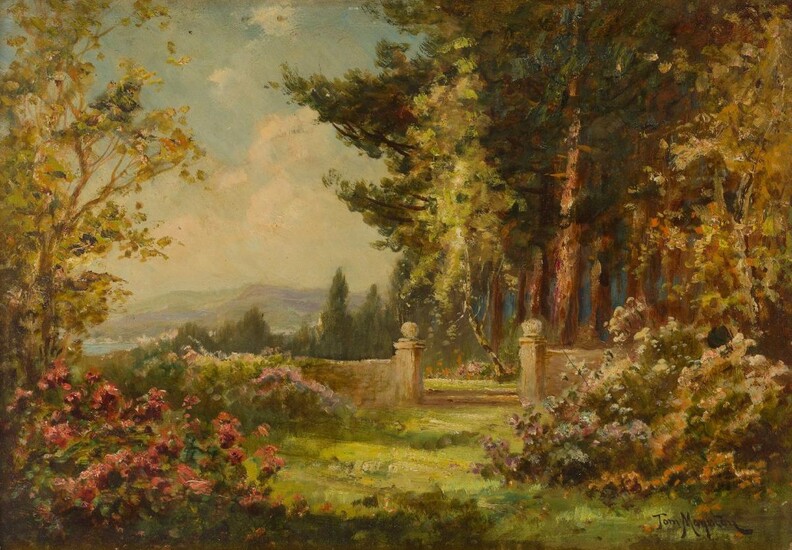 Tom Moyston, British, late 19th / early 20th century- A garden in bloom; oil on canvas, signed 'Tom Moyston' (lower right), 33.4 x 48.2 cm. Provenance: Private Collection, UK.