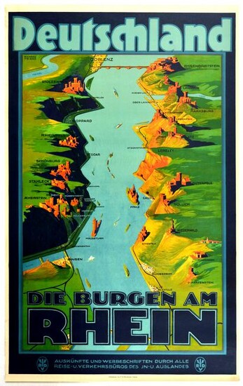 Travel Poster Germany Rhine Castles Railway