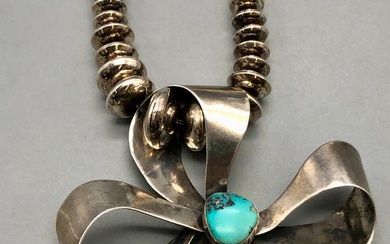 Turquoise And Sterling Silver Bow Pendant With Bead Necklace