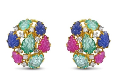 Tutti Frutti 5.60 Ct Emerald, 6.06 Ct Sapphire and Ruby and 0.68 Ct Diamonds - 18 kt. Yellow gold - Earrings