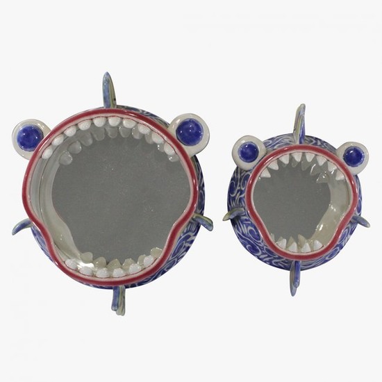 Two [2] Unique Ceramic Figure "Shark" Mirrors, Signed
