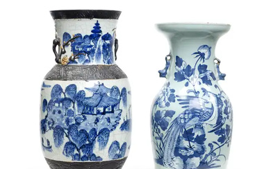 Two Chinese blue and white twin handled vases 19th century Comprising a...