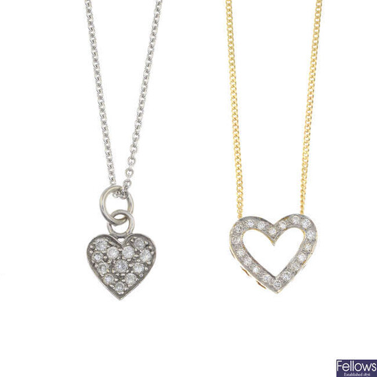 Two diamond heart pendants, each with 18ct gold chain.