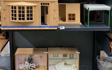Two dolls house ready made rooms, two dolls house gazebos and four dolls house "tableau" style ready set rooms (one with missing glass).