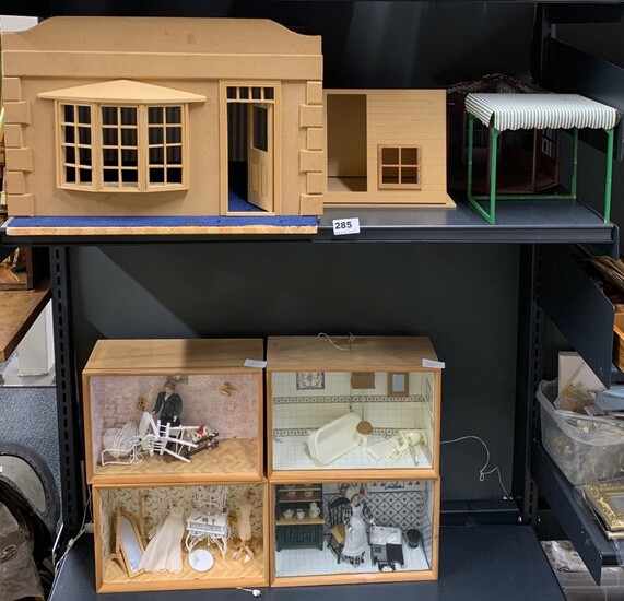 Two dolls house ready made rooms, two dolls house gazebos and four dolls house "tableau" style ready set rooms (one with missing glass).
