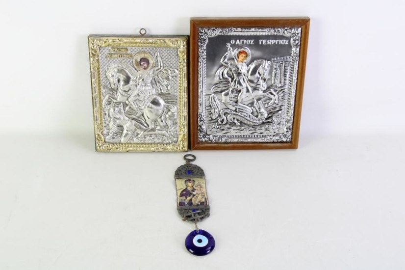 Two framed reproduction Greek icons (larger frame size 18cm x 22cm) together with an evil eye pendant