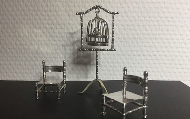 Two miniature chairs and standing bird cage with bird (3) - .833 silver - Netherlands - First half 20th century
