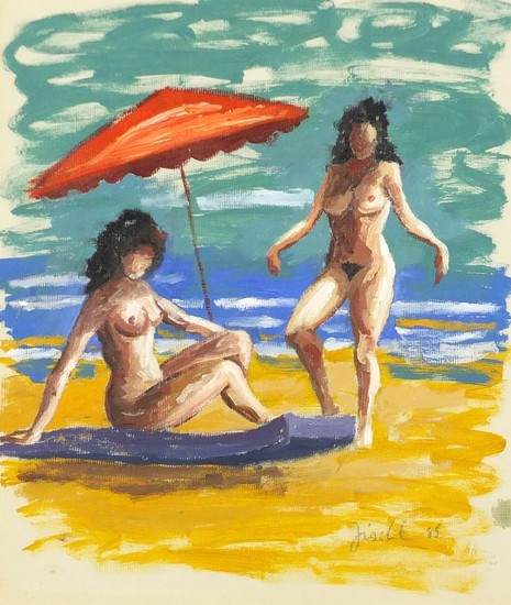 Two nude girls on a beach, oil on paper, bearing an indistin...