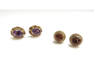 Two pairs of 9ct gold stud earrings including oval amethyst ...