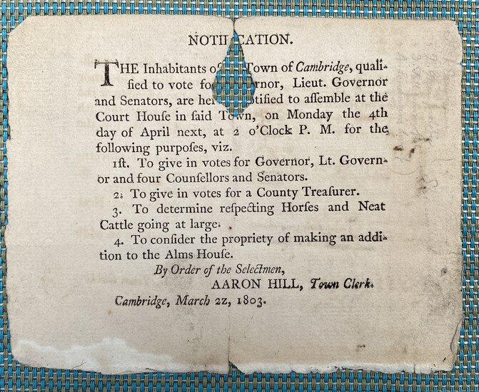 US Democracy in action, 1803, letterpress reminder