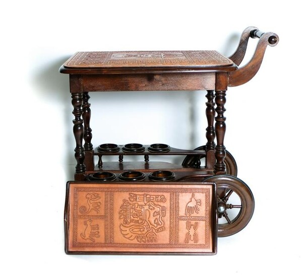 Unusual Vintage Bar Cart w/Aztec Mayan Designs